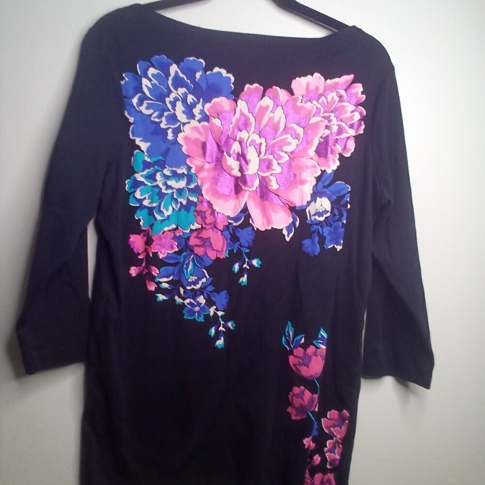 Kim Rogers Shirt L 3/4 Sleeve Floral Print Black Pink